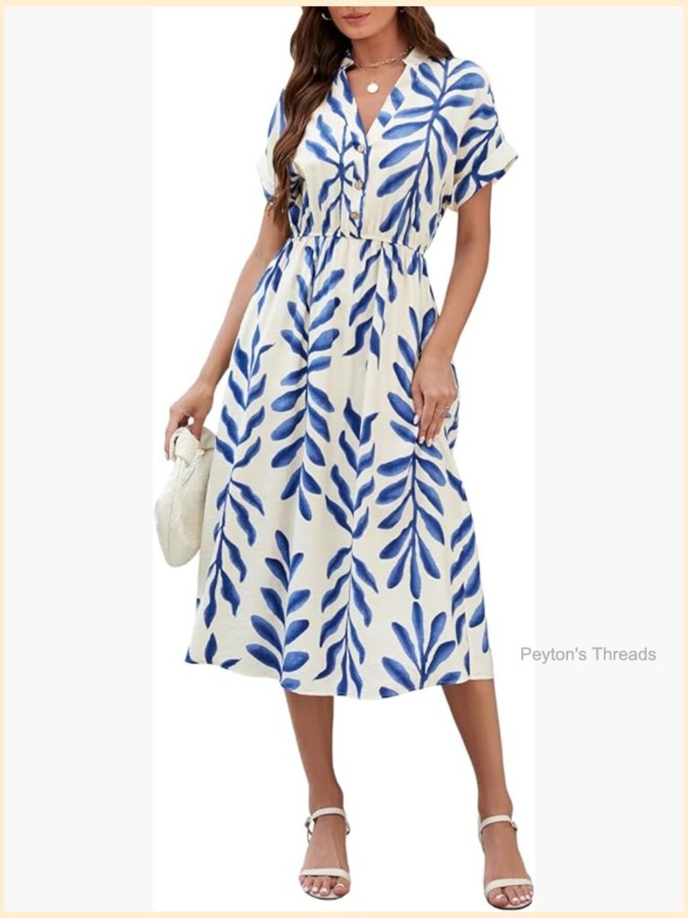 Women's V-Neck Short Sleeve Maxi Dress Flowy Hem Leaf Print - Picture 1 of 6